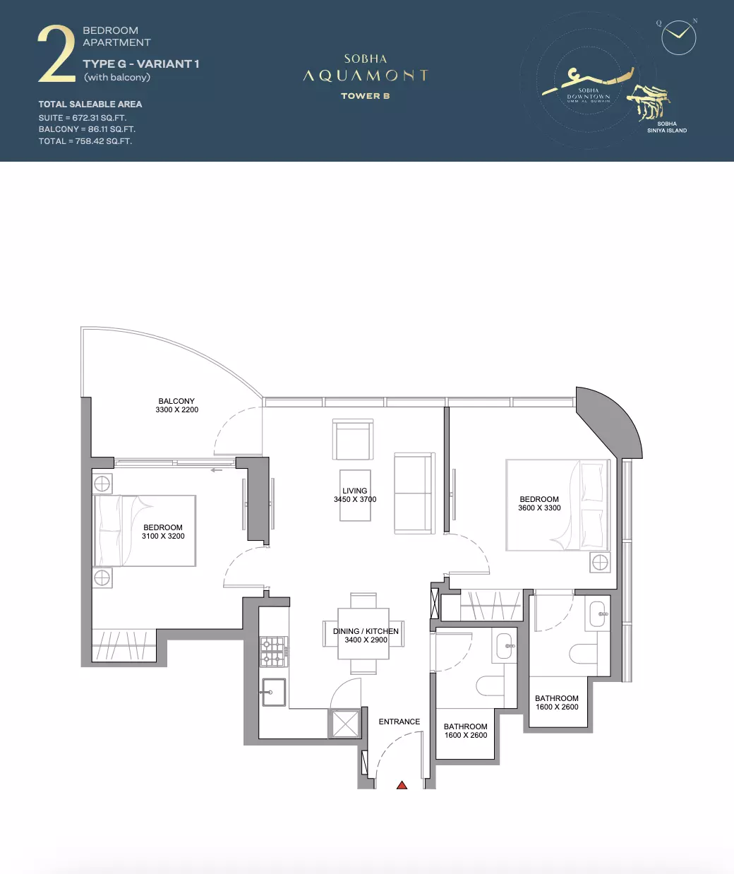 Sobha Aquamont Type G-Tower B, 2 beds