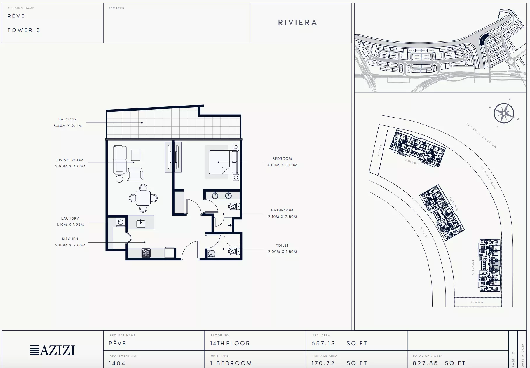 Azizi Riviera Reve Type 1404-Tower 3, 1 bed