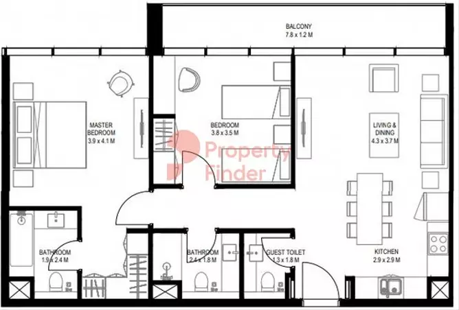 Nesba 1 By Arada — 2BR floor plan