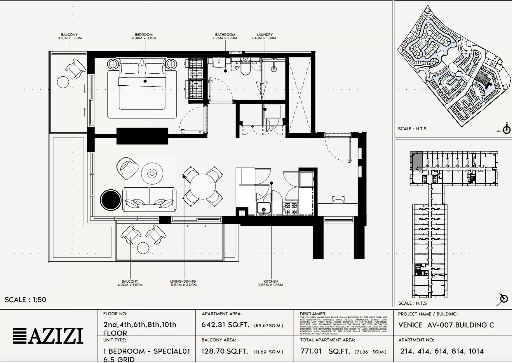 Azizi Venice 7 Type 214-Building C, 1 bed