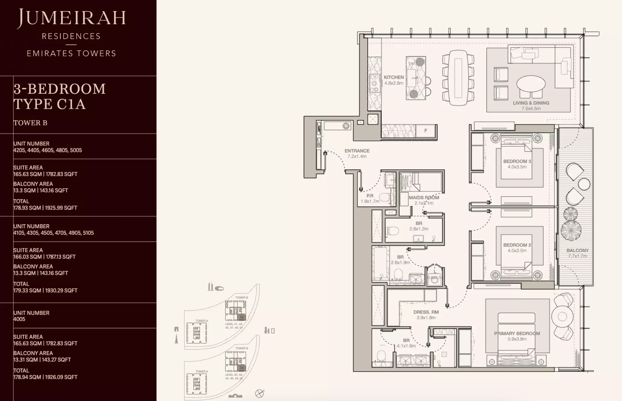 Jumeirah Residences Emirates Towers Type C1A-Tower B, 3 beds
