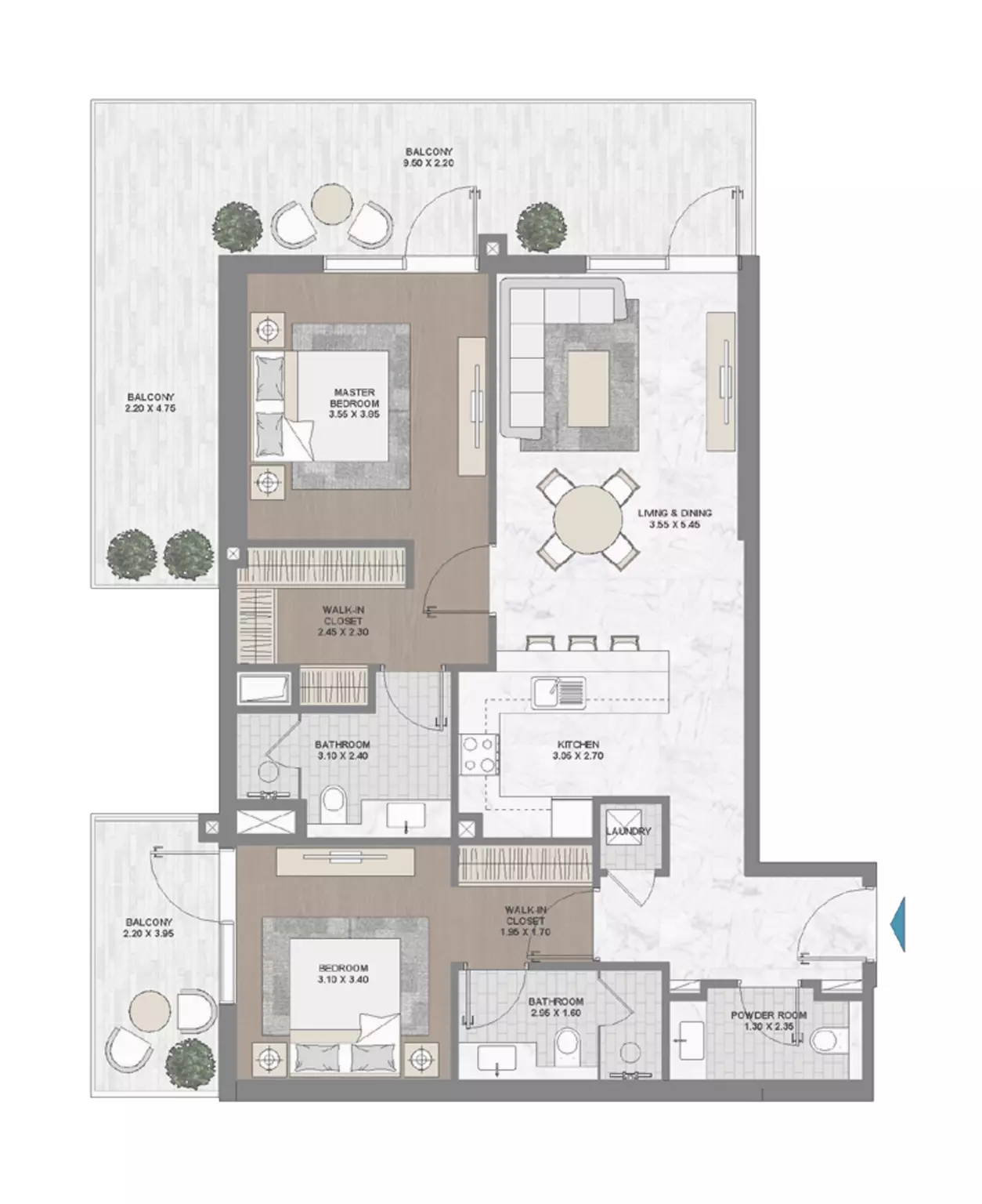 Damac Riverside Views - Indigo 1 — 2BR floor plan