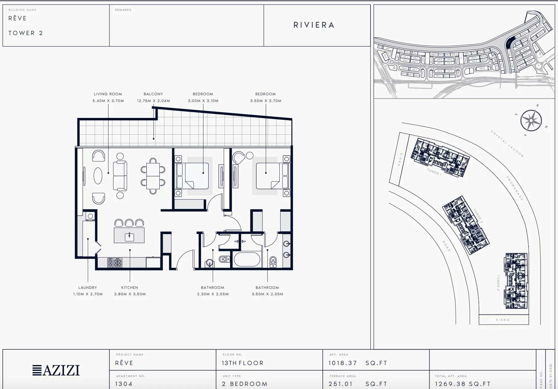 Azizi Riviera Reve Type 1304-Tower 2, 2 beds