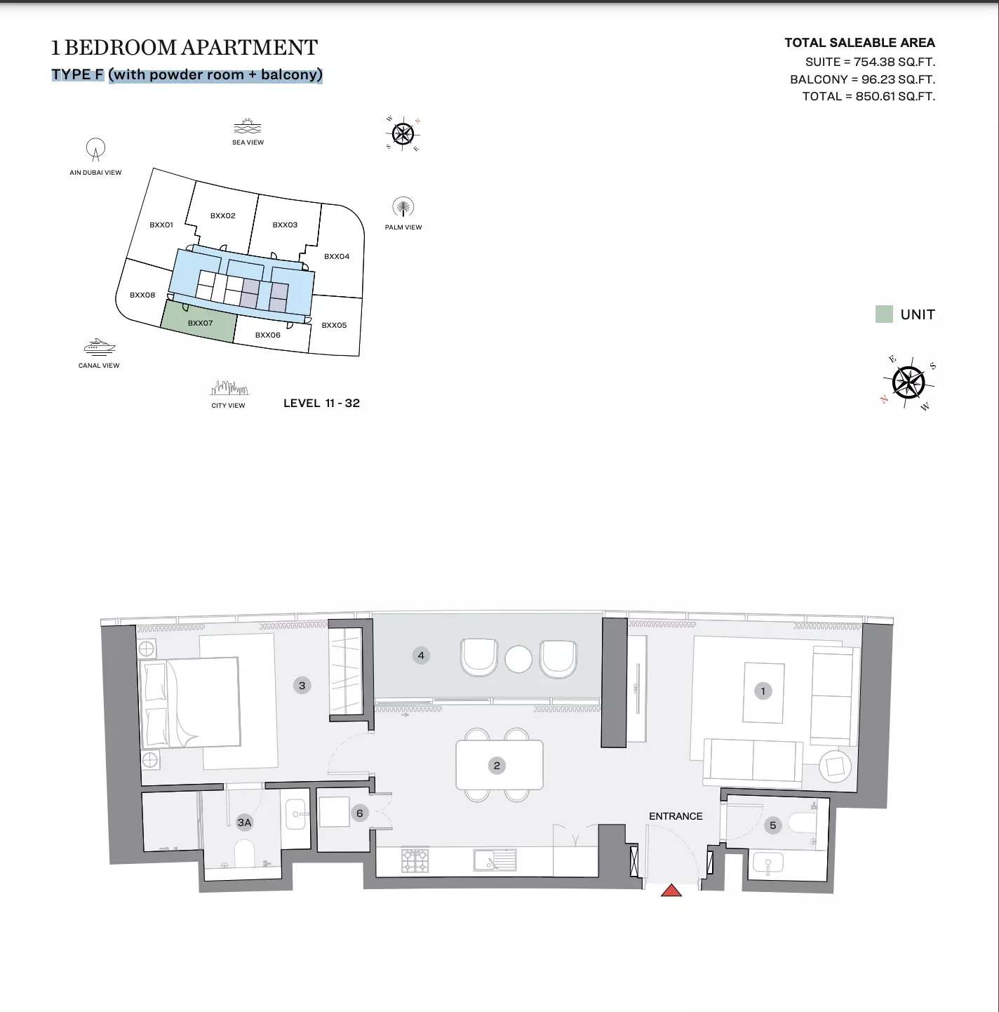 Sobha Seahaven Type F (with powder room + balcony), 1 bed