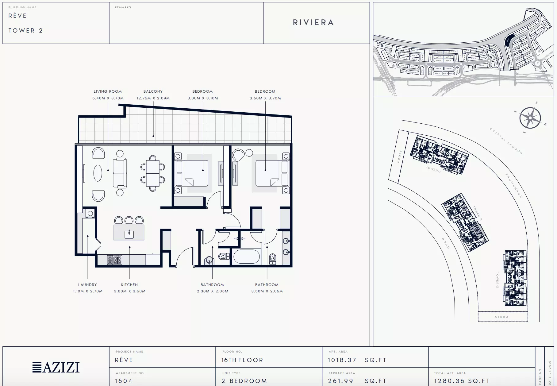 Azizi Riviera Reve Type 1604-Tower 2, 2 beds