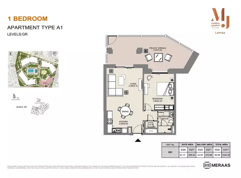 Lamaa Mjl Building 3 - Type A1 - Unit G01, 1 bed