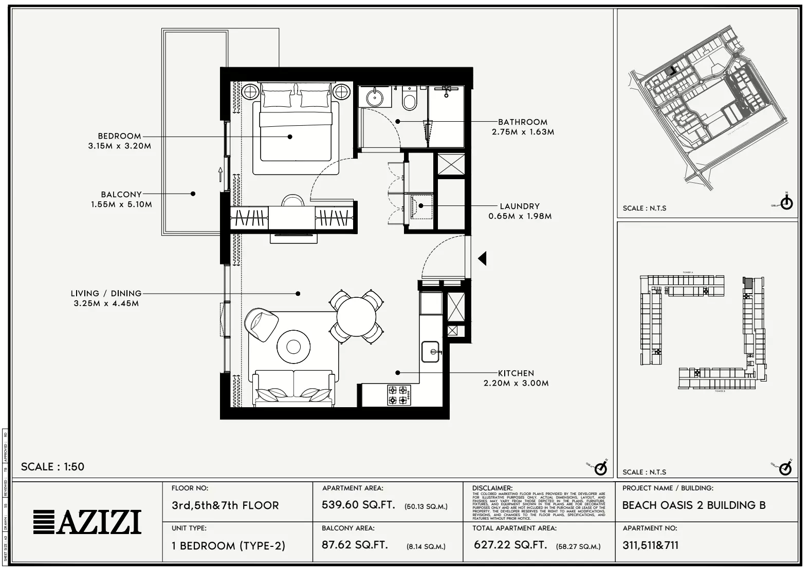 Beach Oasis Phase 2 By Azizi Type 2 - BB, 1 bed