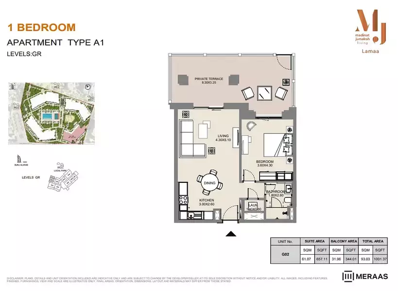 Lamaa Mjl Building 3 - Type A1 - Unit G02, 1 bed