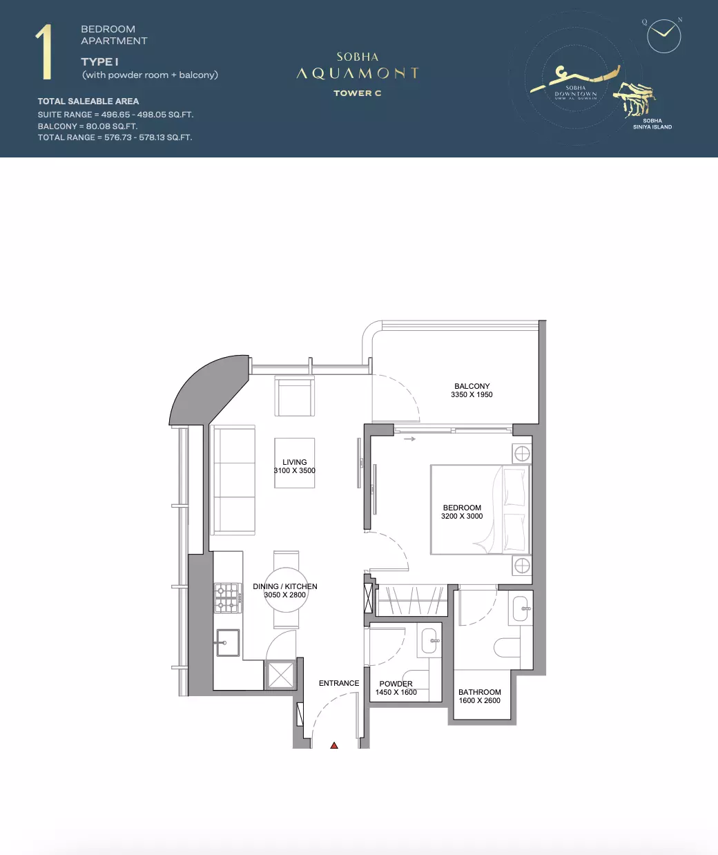Sobha Aquamont Type I-Tower C, 1 bed