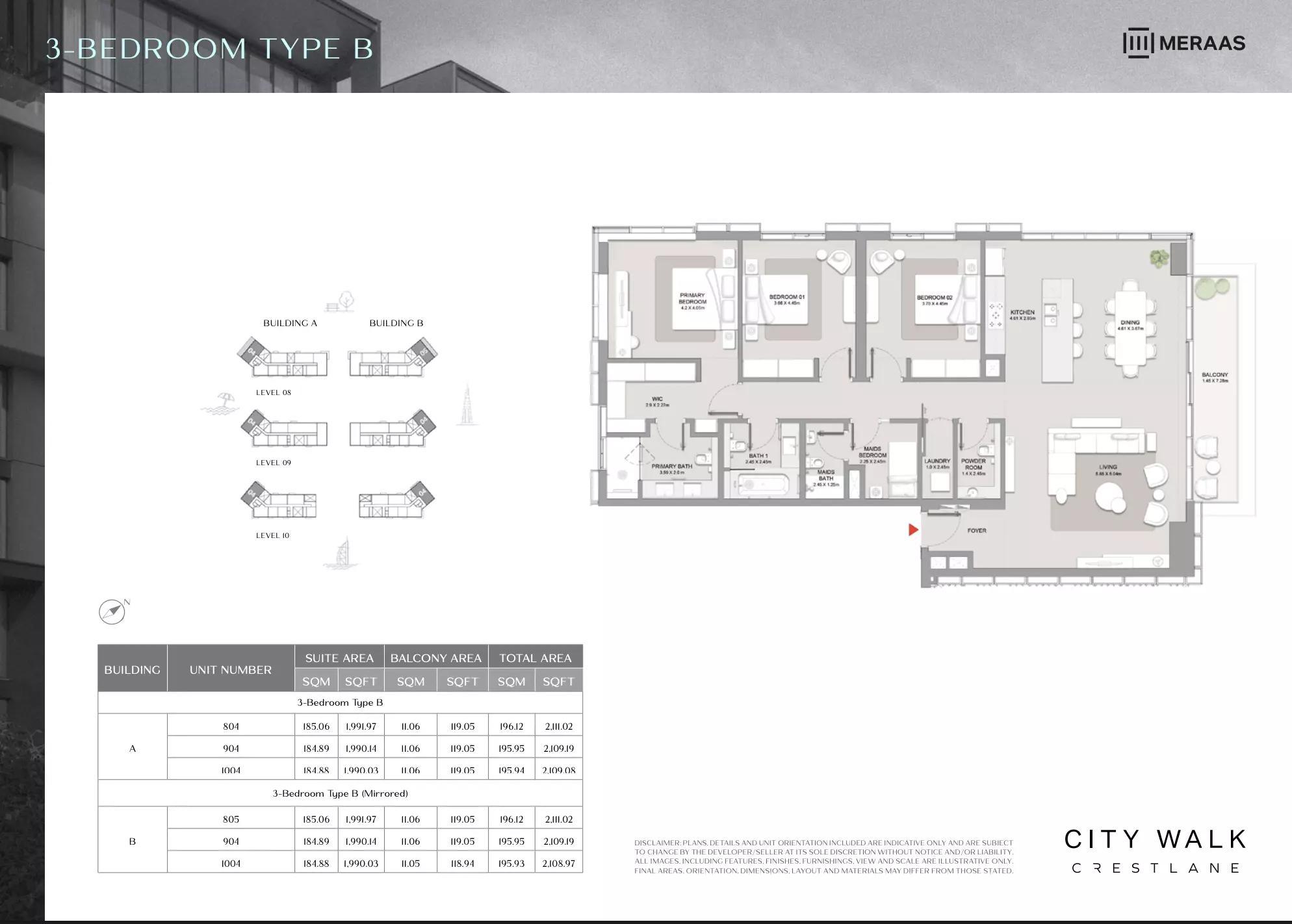 City Walk Crestlane Type B Mirrored - 3 BR, 3 beds
