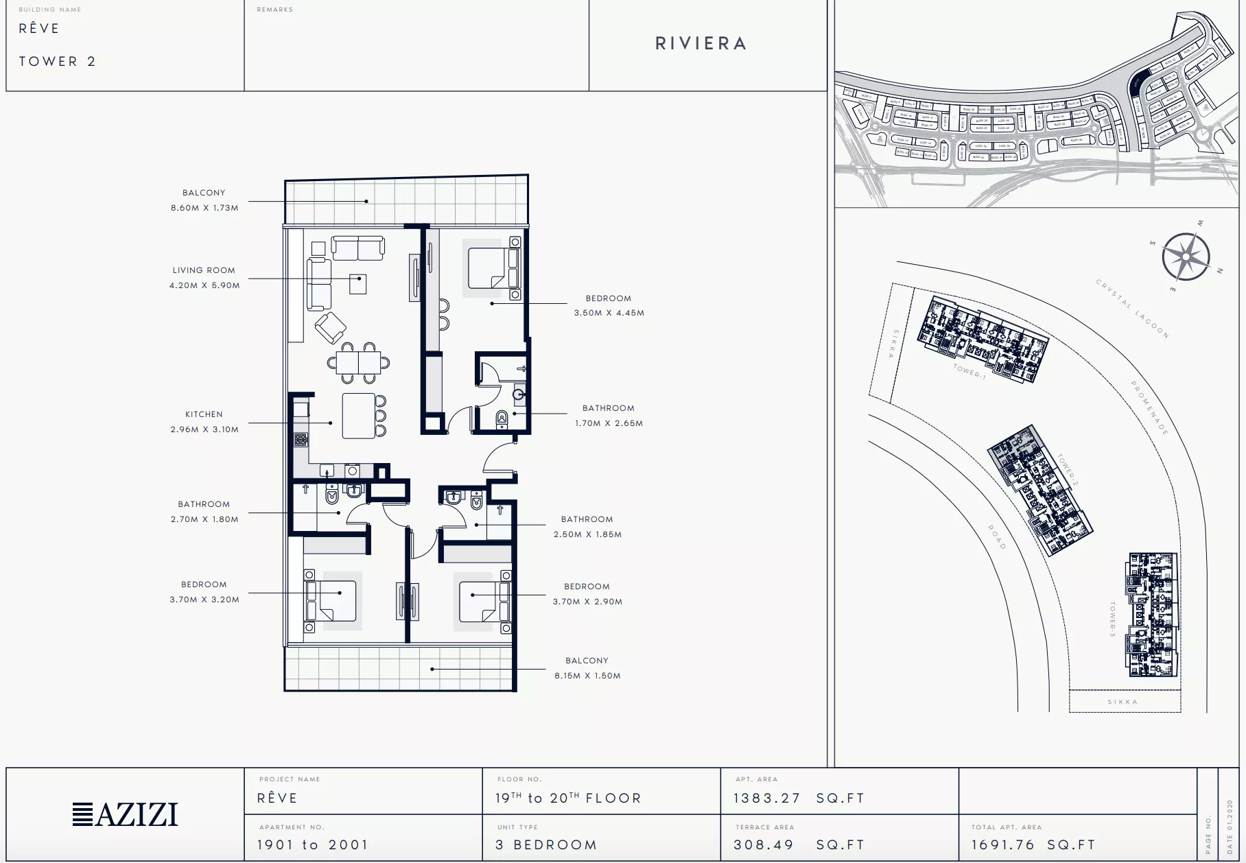 Azizi Riviera Reve Type 1901-Tower 2, 3 beds