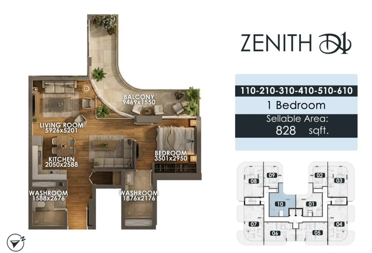 Zenith D1 — 1BR floor plan