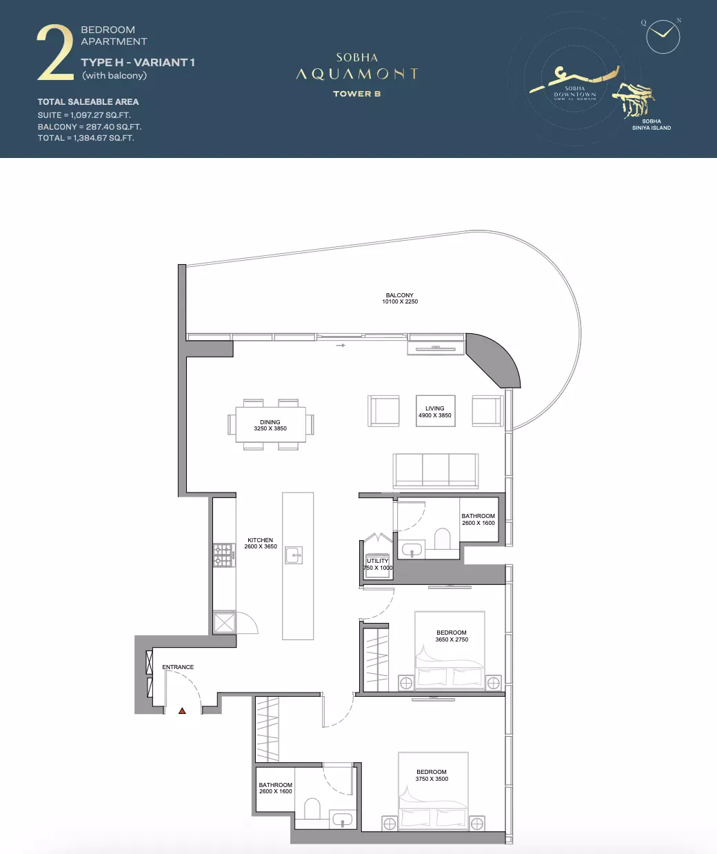 Sobha Aquamont Type H-Tower B, 2 beds