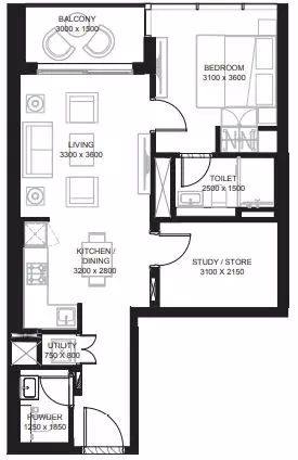 The Crest By Sobha Type B, 1 bed