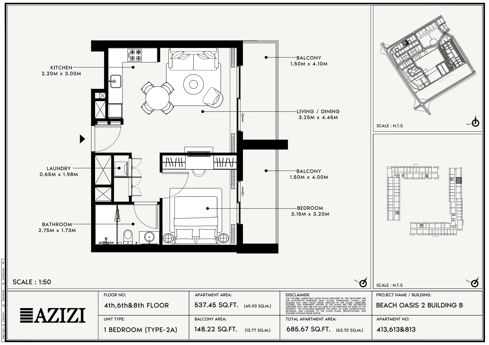 Beach Oasis Phase 2 By Azizi Type 2A - BB, 1 bed