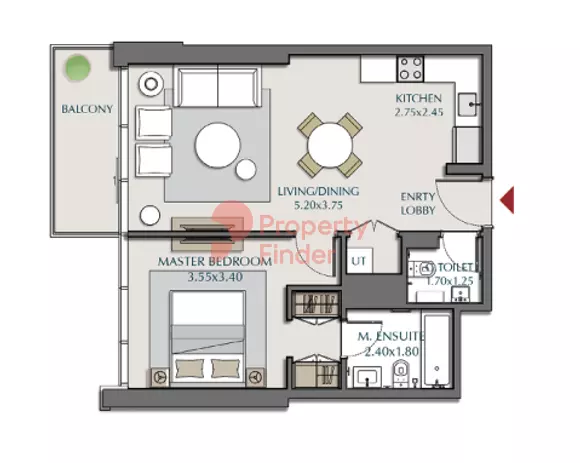 Park Views Residences B — 1BR floor plan