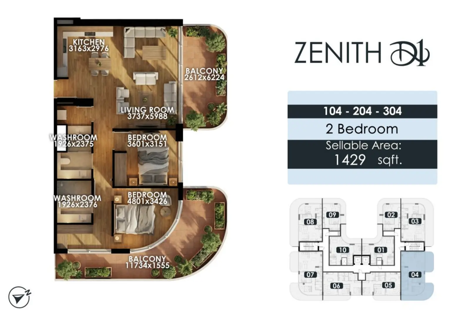 Zenith D1 — 2BR floor plan