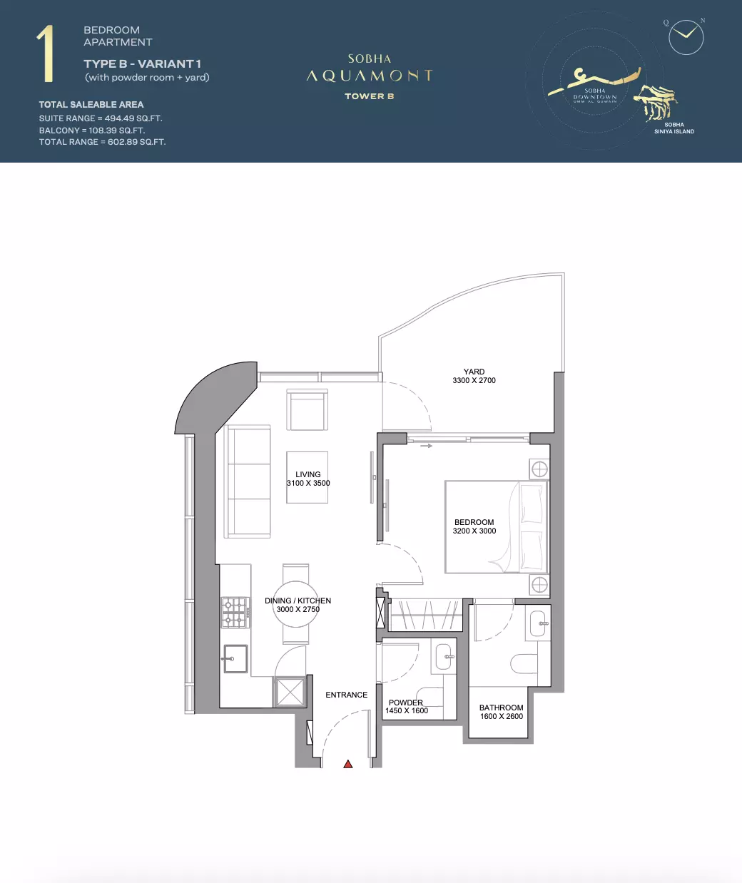Sobha Aquamont — 1BR floor plan