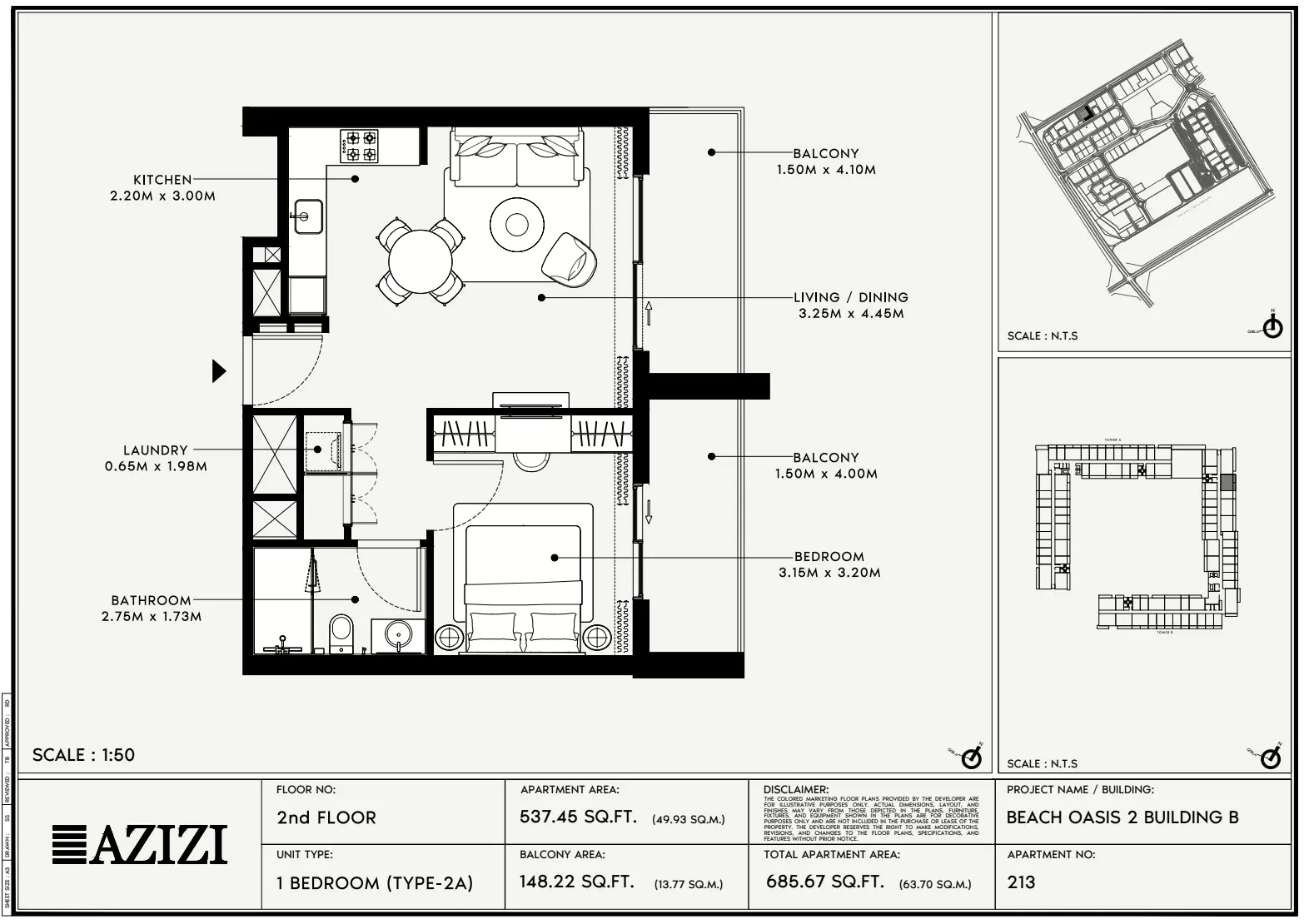 Beach Oasis Phase 2 By Azizi Type 2A - BB, 1 bed