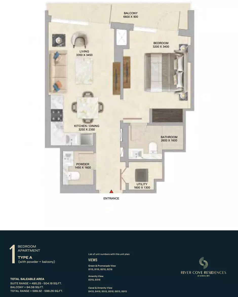 River Cove Residences at sobha city — 1BR floor plan