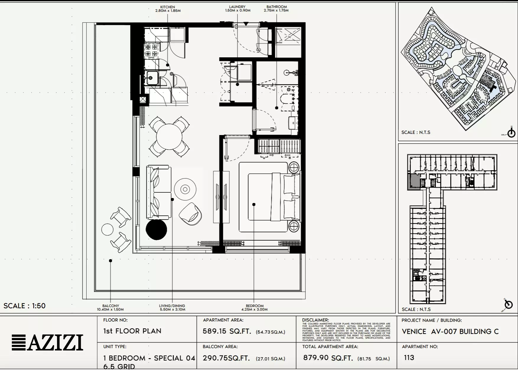 Azizi Venice 7 Type 113-Building C, 1 bed