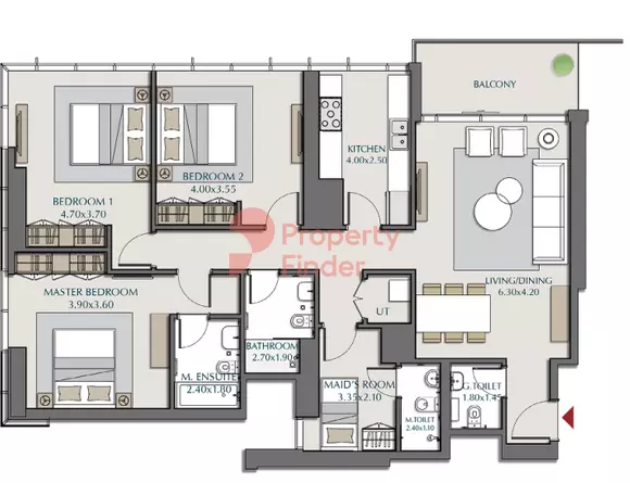 Park Views Residences Tower B-Type 1A - 1, 3 beds