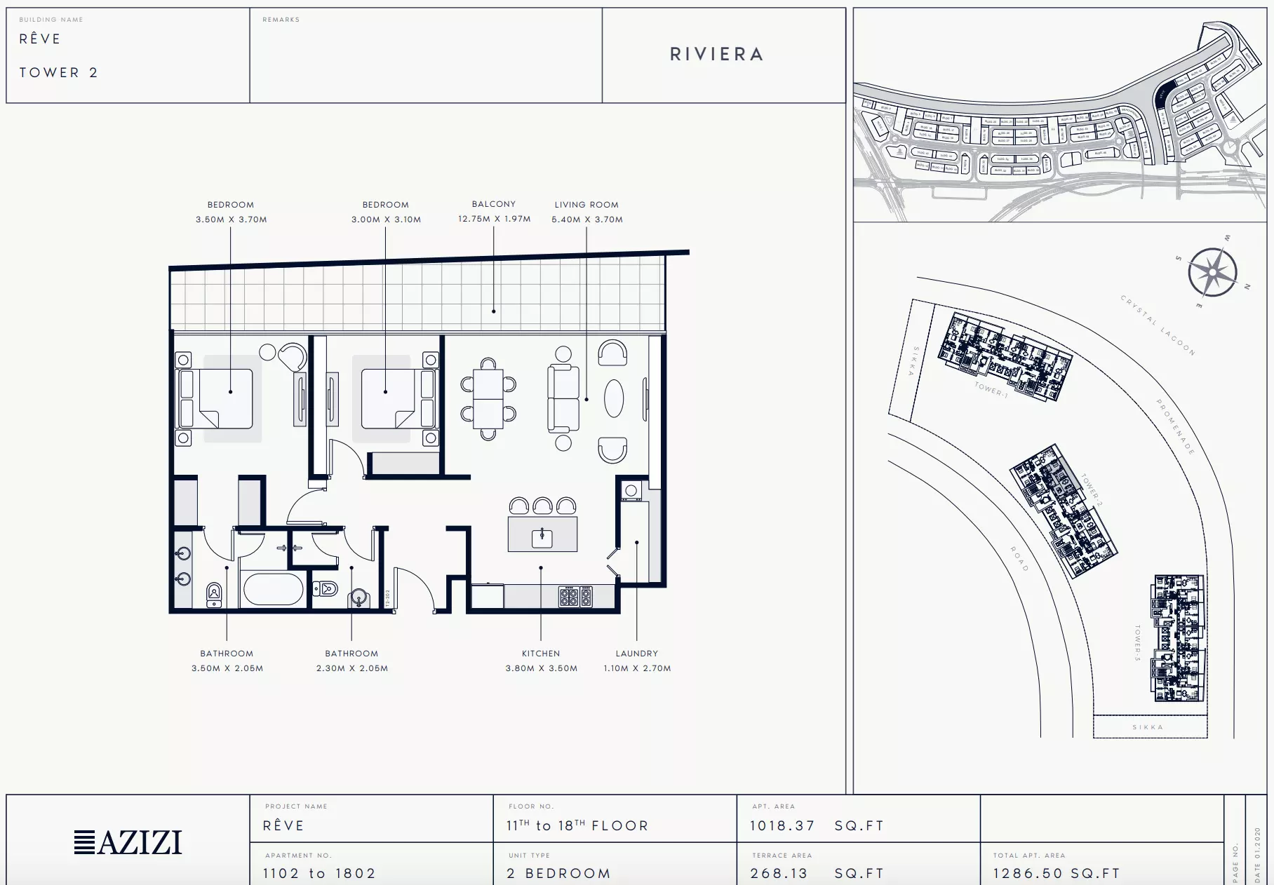 Azizi Riviera Reve Type 1102-Tower 2, 2 beds