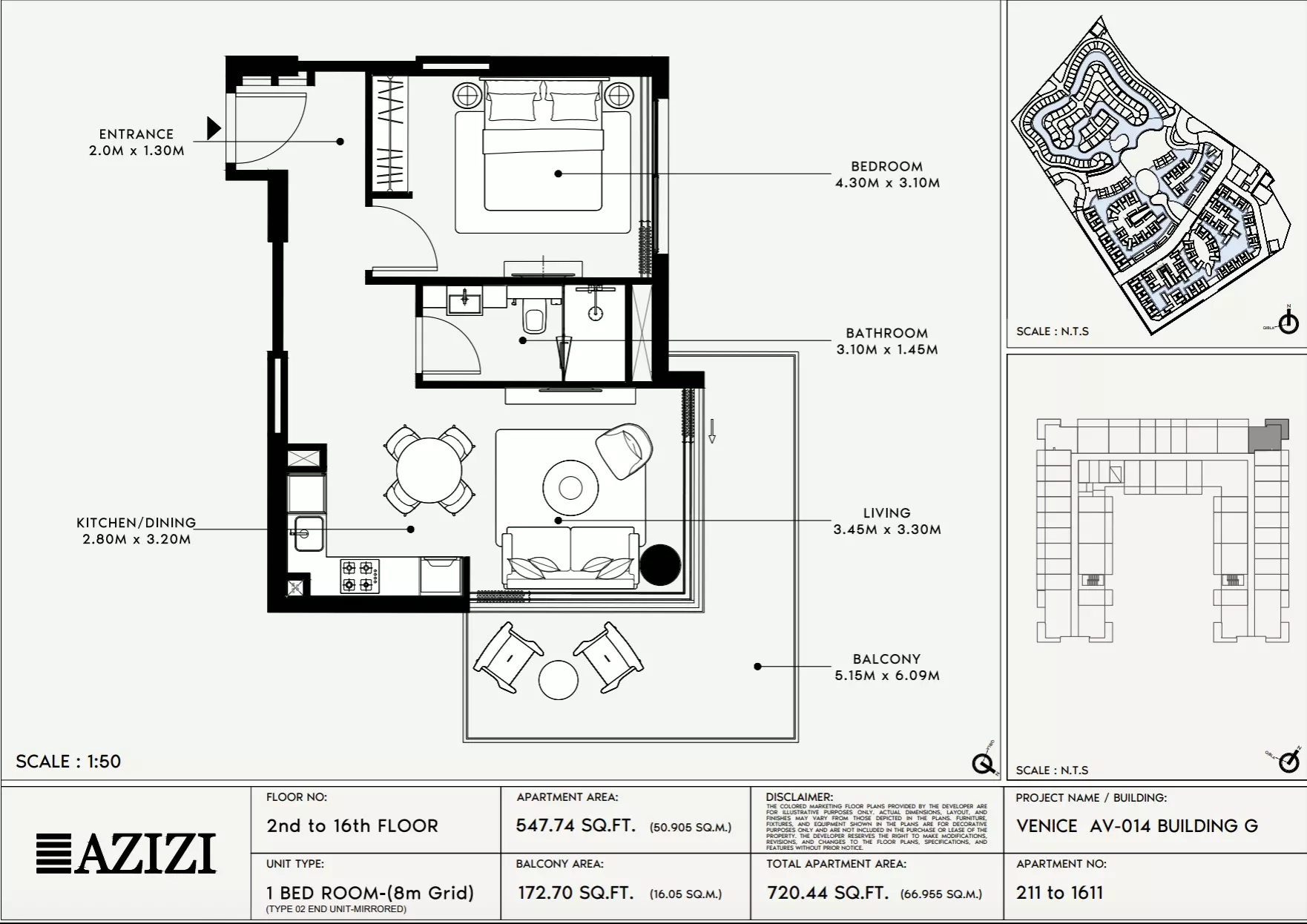 Azizi Venice 14 Type 211-Building G, 1 bed