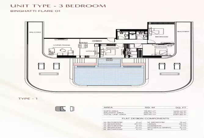 Binghatti Flare 01 — 3BR floor plan