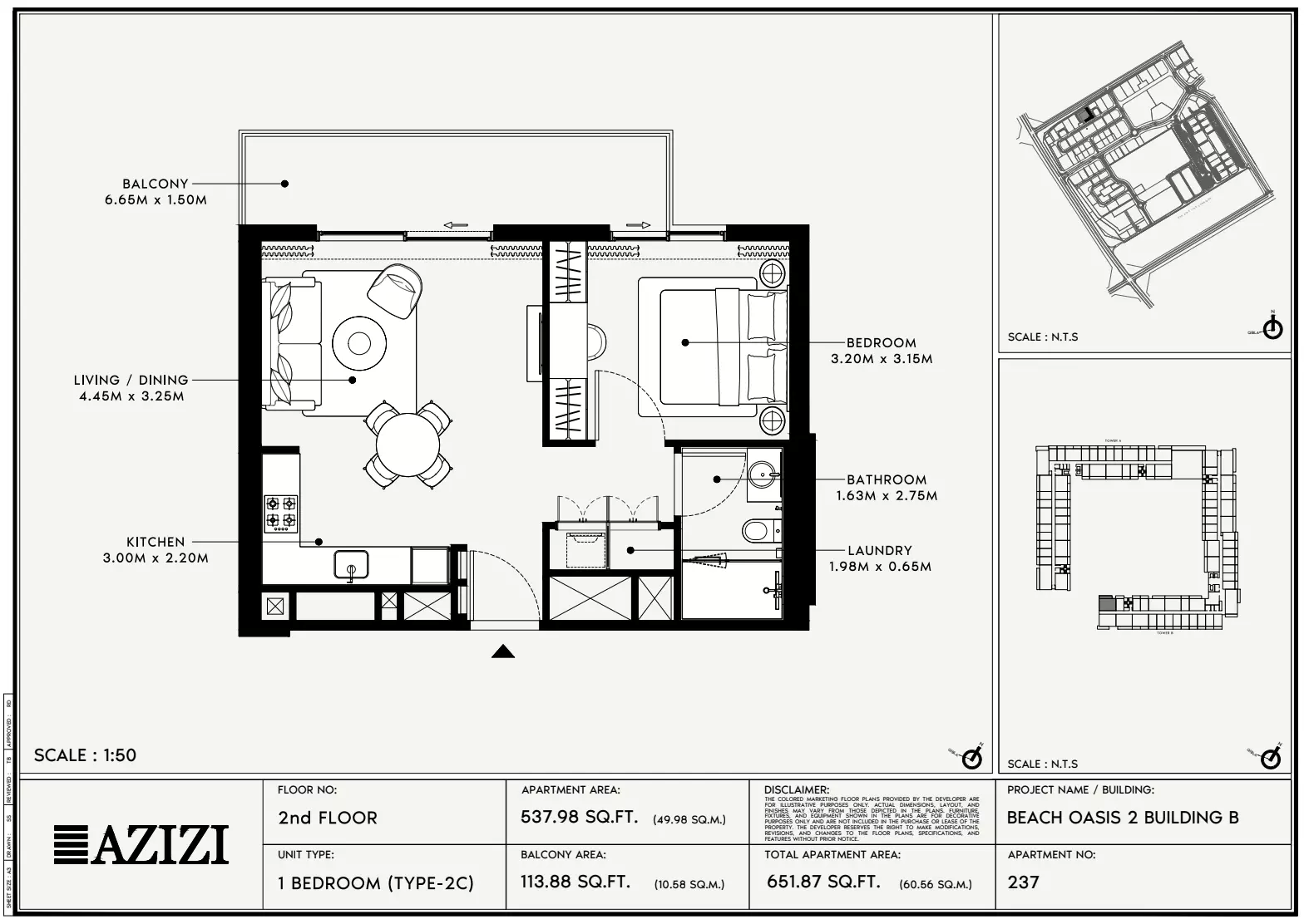 Beach Oasis Phase 2 By Azizi Type 2C - BB, 1 bed
