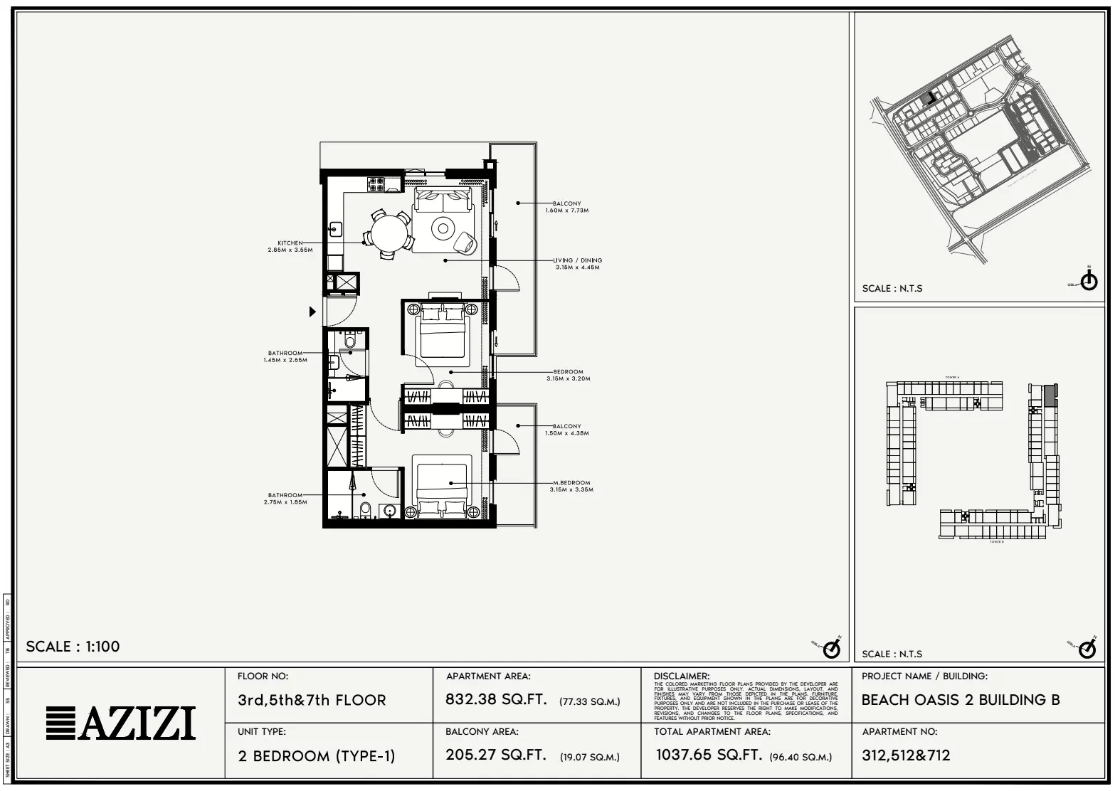 Beach Oasis Phase 2 By Azizi Type 1 - BB, 2 beds