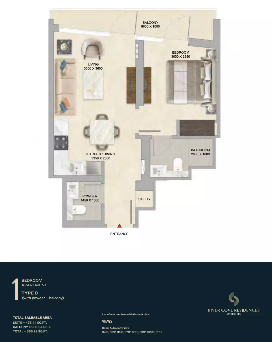 River Cove Residences at sobha city — 1BR floor plan