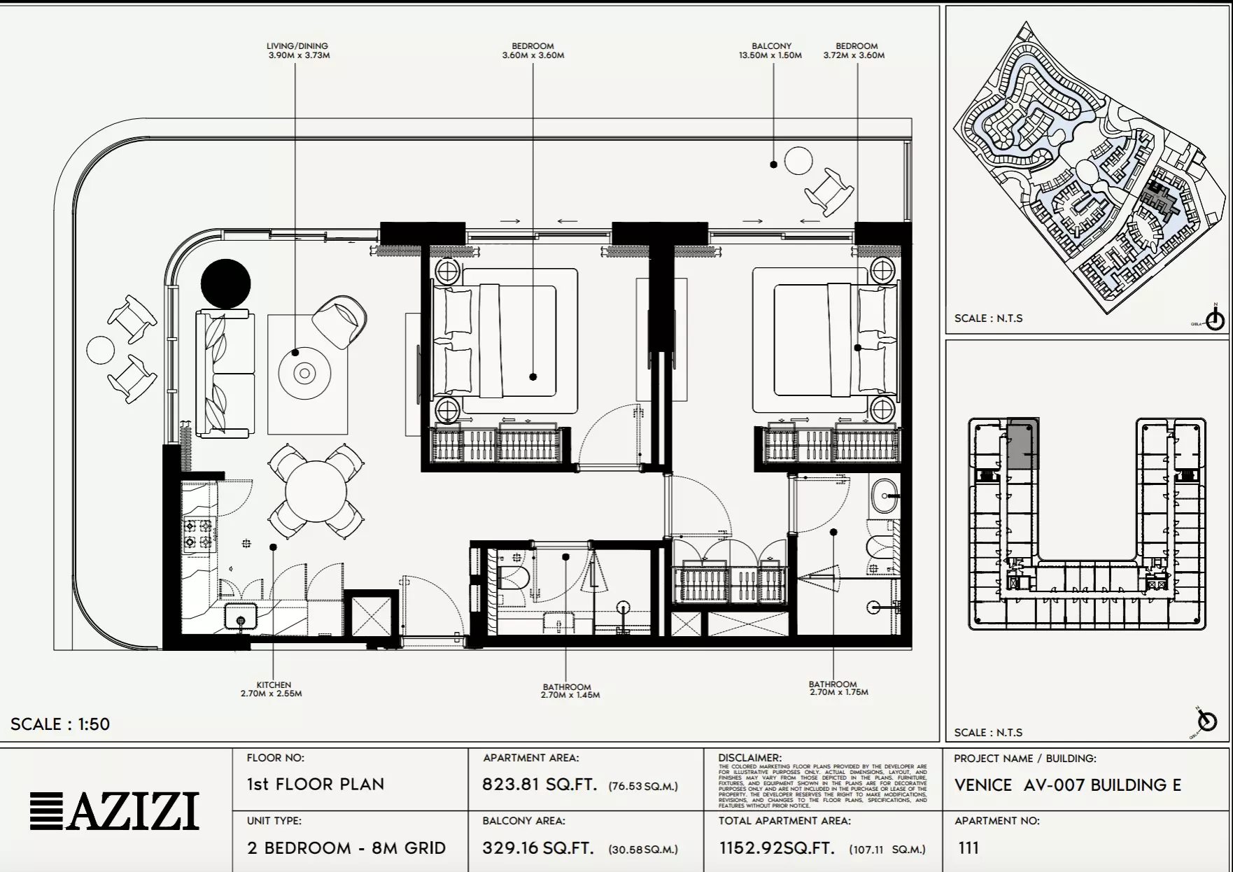 Azizi Venice 7 Type 111-Building E, 2 beds